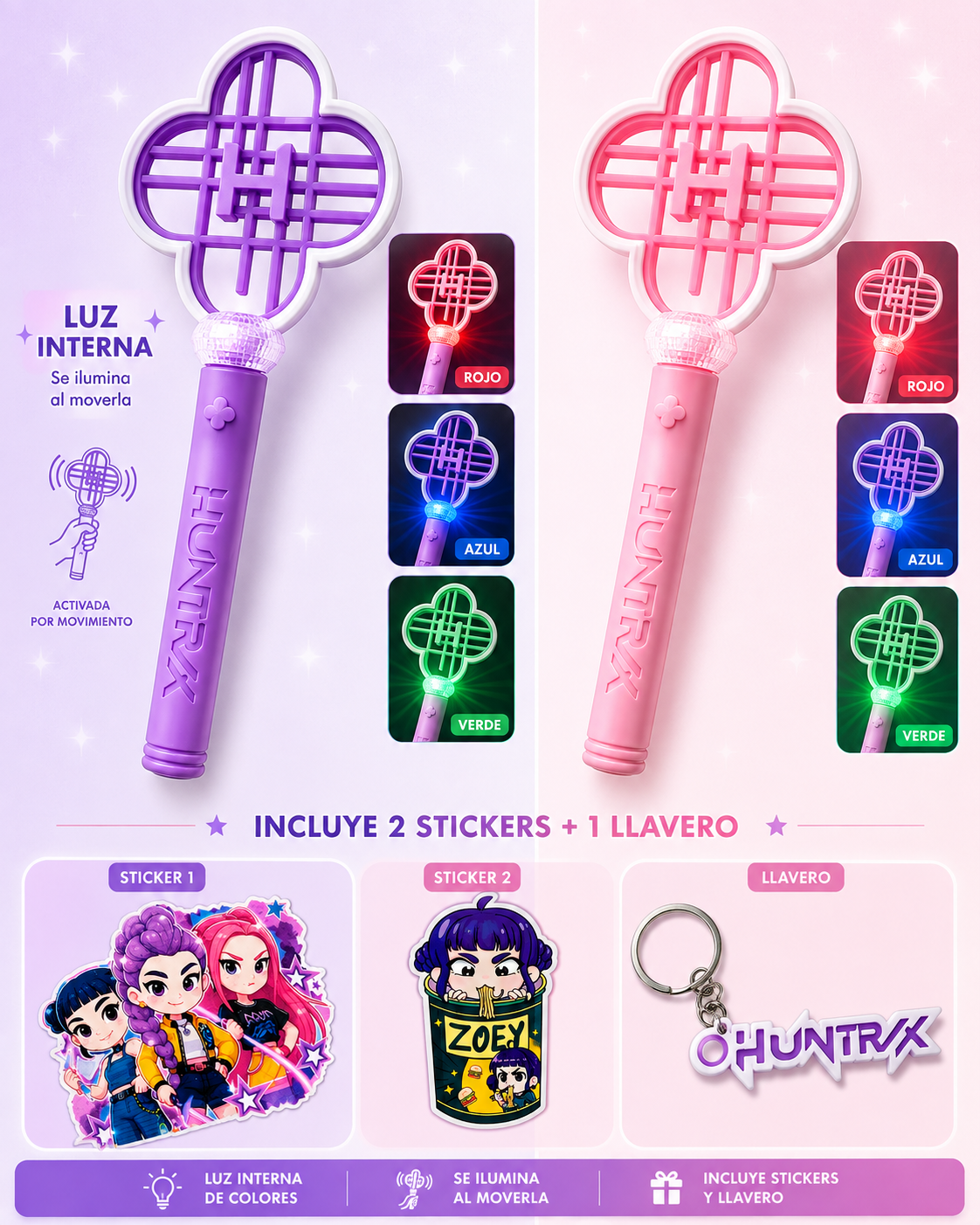 Combo HUNTRIX – Varita LED + Llavero + Stickers